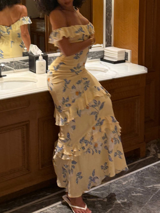 Yellow Mermaid Off the Shoulder Print Floral Chiffon Vacation Dress Outfits SH4494