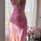 Pink Print Floral Sheath Spaghetti Straps Lace Chiffon Prom Dress Evening Dress SH3783