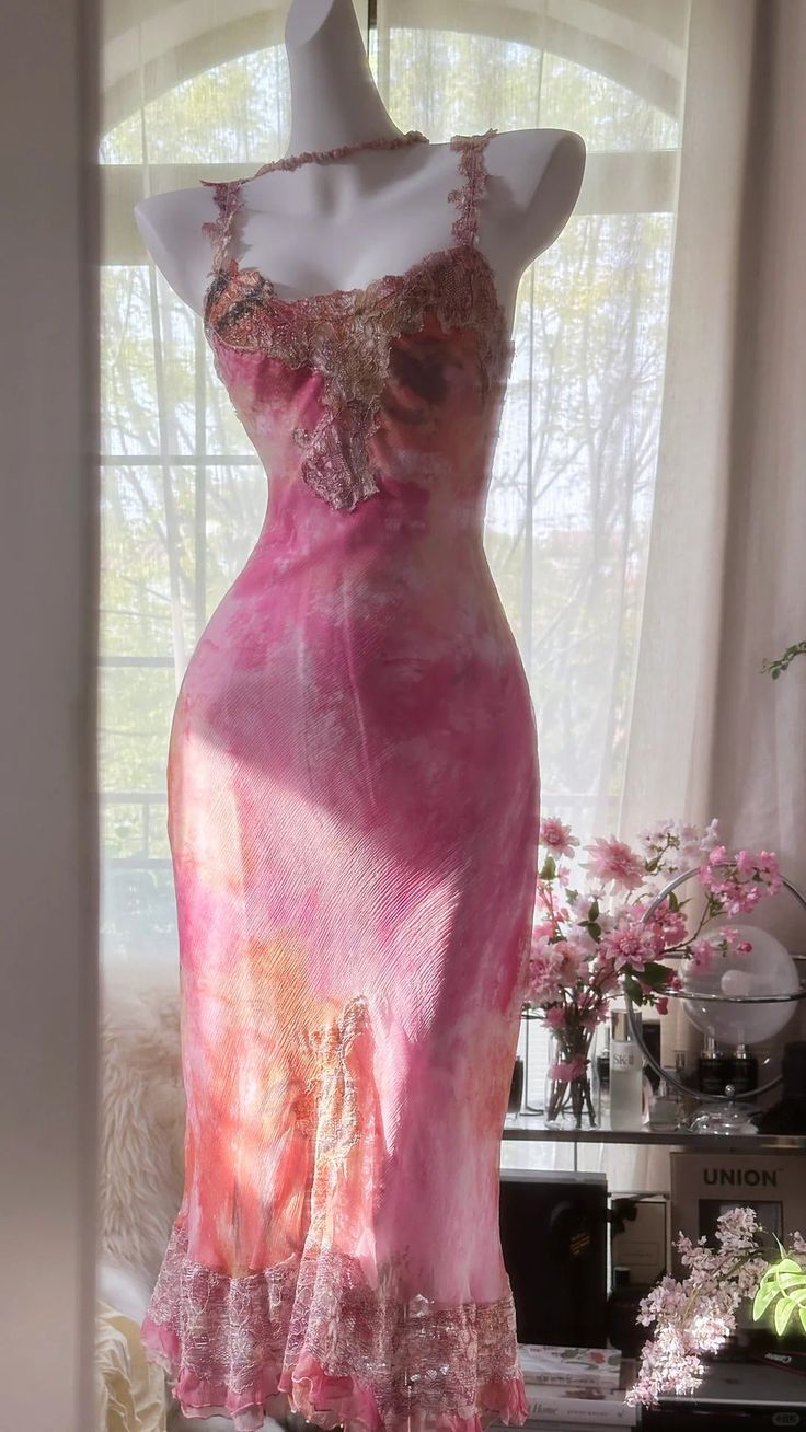 Pink Print Floral Sheath Spaghetti Straps Lace Chiffon Prom Dress Evening Dress SH3783
