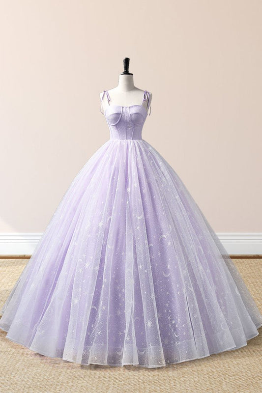 Purple A Line Straps Embroidered Tulle Floor Length Evening Dress Prom Dress SH1796