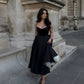 Princess Cute A Line Spaghetti Strap Black Satin White Tulle Party Dress Evening Dress SH2844