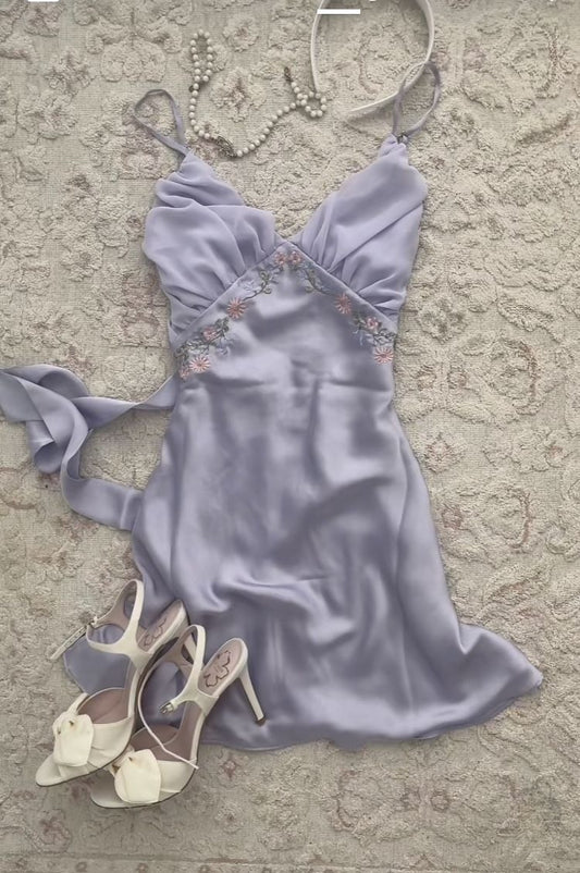 Lilac A Line Spaghetti Straps Embroidered Chiffon Satin Short Homecoming Dress Outfits SH5736