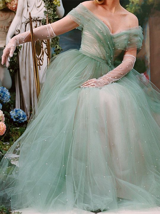 Green Princess Ball Gown Off the Shoulder Pearl Tulle Prom Dress Evening Dress SH4416