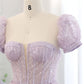 Lilac A Line Puff Sleeve Sequins Ruffle Tulle Prom Dress SH1661
