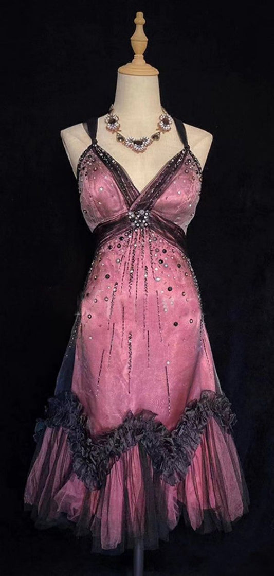 Retro A Line Straps Beaded Pink Satin Black Tulle Homecoming Dress Cocktail Dress SH3934