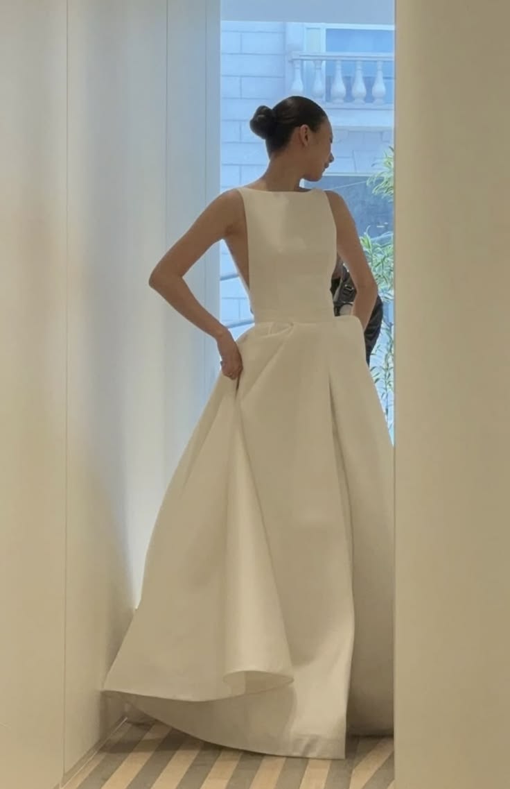 Unique Simple A Line White Satin Backless Long Wedding Dress SH8498