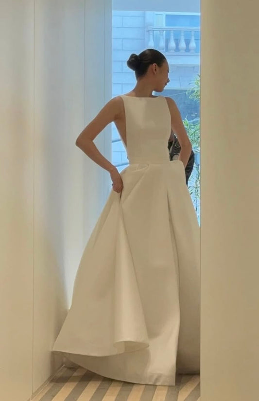 Unique Simple A Line White Satin Backless Long Wedding Dress SH8498