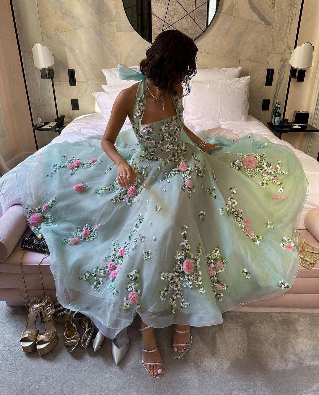 Princess Green A Line Halter Exquisite Embroidery Floral Tulle Long Prom Dress Date Dress SH7023