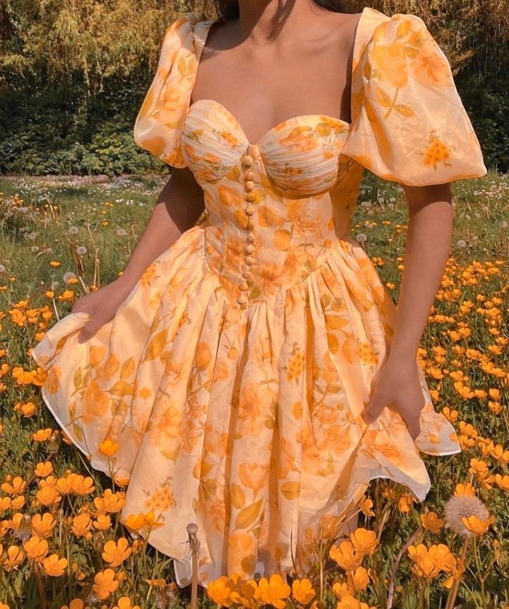 Cute Orange Print A Line Puff Sleeve Chiffon Short Prom Dress Homecoming Dress SH7594