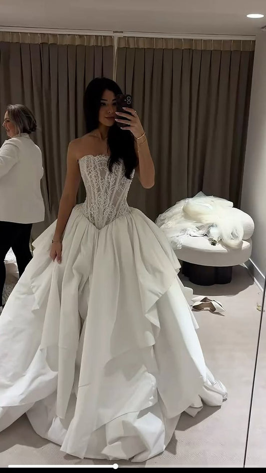 Cute Ball Gown Strapless Corset White Lace Satin Long Wedding Dress SH7069