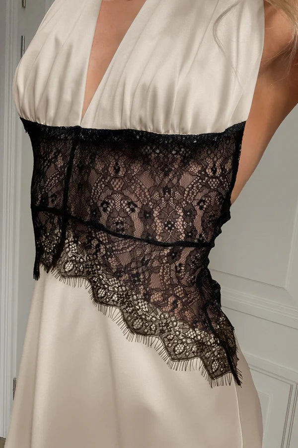 Apricot A Line Halter V Neck Lace Satin Backless Long Prom Dress Evening Dress SH5763