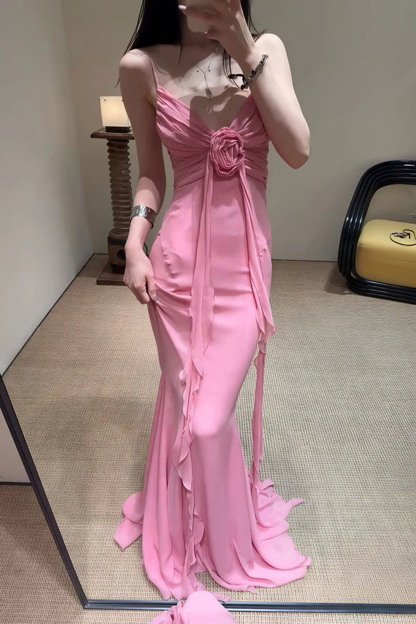 Pink Mermaid Spaghetti Strap Flowy Chiffon Long Prom Dress Evening Dress SH5751
