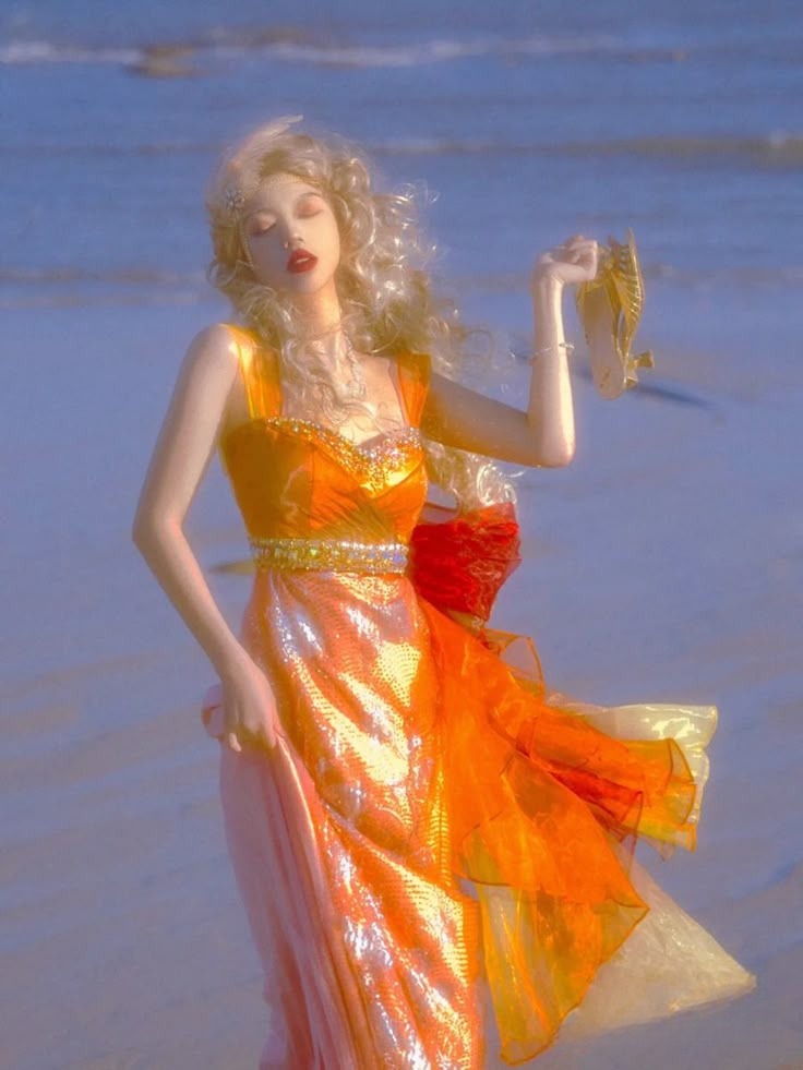 Sparkly Orange A-Line Halter Beaded Metallic Long Prom Dress with Beading