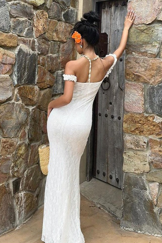 Sexy White Mermaid Spaghetti Strap Lace Long Prom Dress Evening Dress SH5752