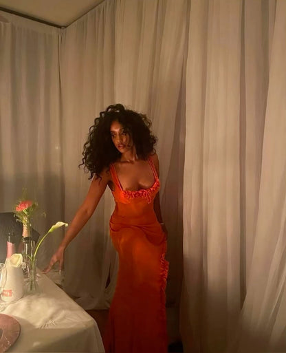 Sexy Orange Sheath Spaghetti Strap Chiffon Prom Dress Evening Dress Formal Dress with Slit SH3836