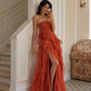 Rustflare A Line Strapless Ruffle Chiffon Long Prom Dress Date Dress with Slit SH7001