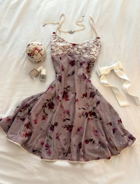 Cute Print Floral A Line Straps Lace Chiffon Short Homecoming Dress Outfits SH5734