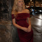Chic Burgundy Sheath Off the Shoulder Satin Prom Dress Evening Dress SH7208