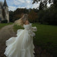 Princess A Line Long Sleeve Tiered Ivory Satin Long Party Dress Evening Dress SH2860