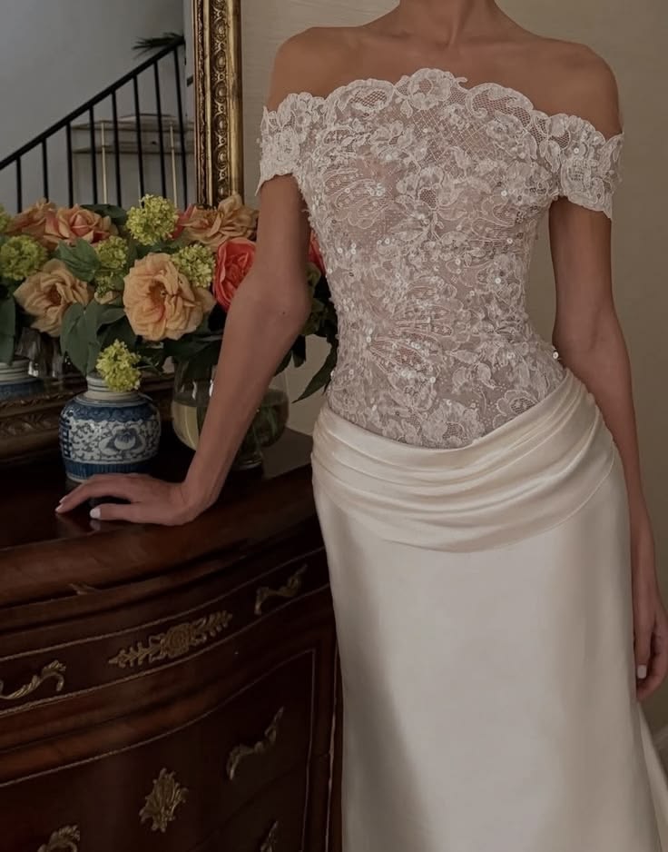 Pretty A Line Off the Shoulder Lace Satin Long Prom Dress Evening Dress SH7729