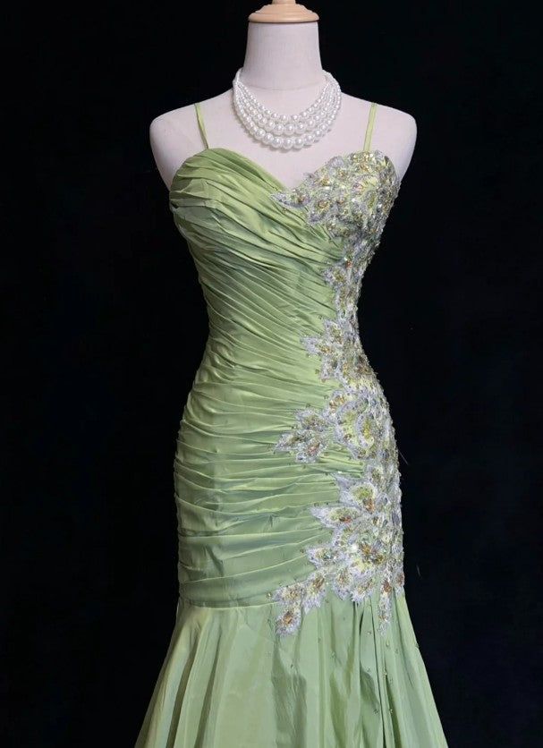 Vintage Mermaid Sweetheart Neck Appliques Green Satin Long Party Dress Evening Dress SH2845