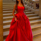Simple Red A Line Straps Corset Satin Long Prom Dress Evening Dress SH8203