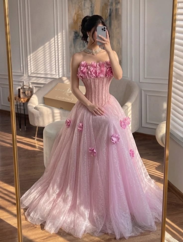 Pink 3D Floral A Line Off the Shoulder Corset Tulle Prom Dress Evening Dress SH6913