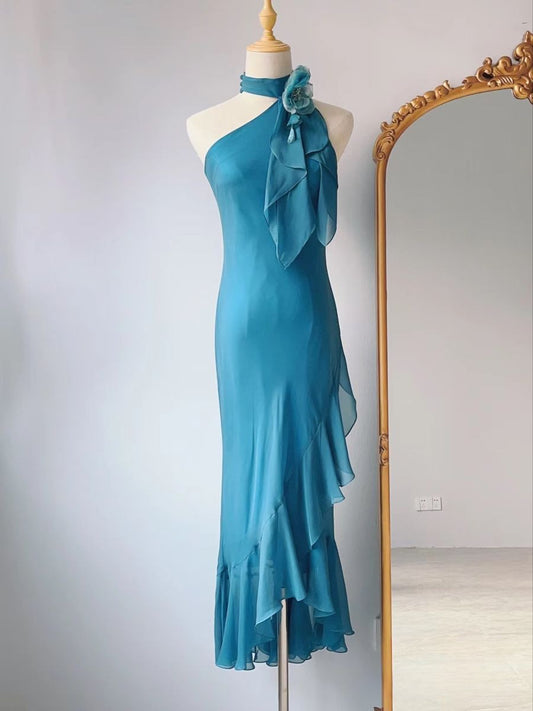 Retro Blue Sheath High Neck Floral Ruffle Chiffon Long Party Dress Evening Dress SH3829