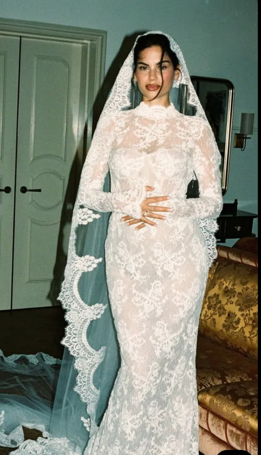 Mermaid Long Sleeve High Neck White Lace Long Wedding Dress SH8395