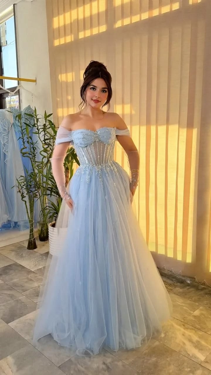 Sweety Baby Blue A Line Off the Shoulder Beaded Sequin Tulle Long Prom Dress Evening Dress SH7026