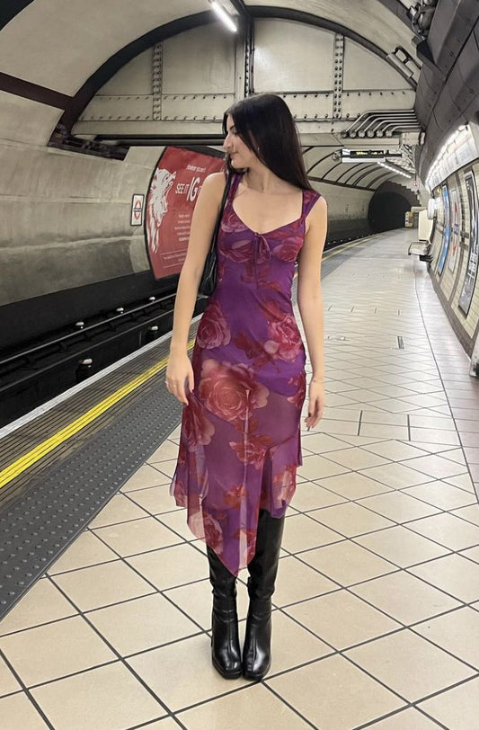 Pretty Purple A Line Straps Print Floral Chiffon Party Dress Date Dress Outfits SH3966