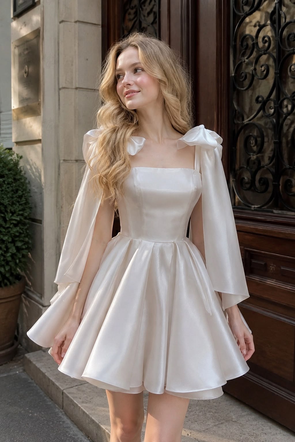 Cute Ivory A Line Bow Straps Satin Short Prom Dress Homecoming Dress SH6381