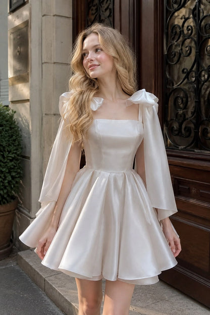 Cute Ivory A Line Bow Straps Satin Short Prom Dress Homecoming Dress SH6381