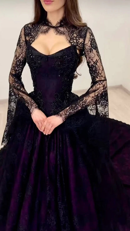 Glamorous A Line Long Sleeve Beaded Purple Satin Black Lace Prom Dress Evening Dress SH7088