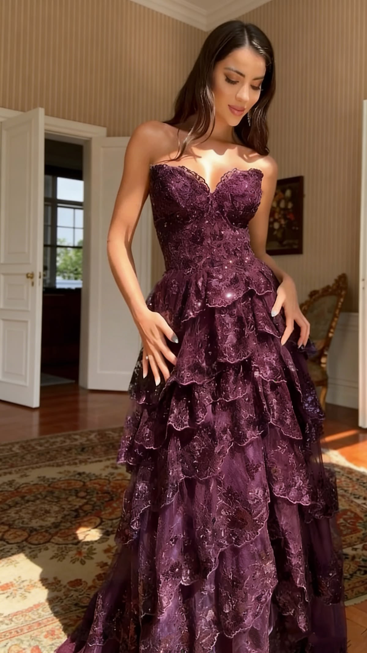 Dark Purple Exquisite Sequin Layered Tulle Long Prom Dress Evening Dress SH6711