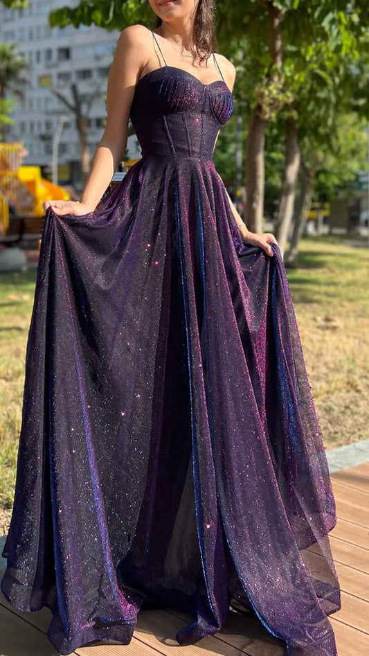 Stunning Deep Purple A Line Spaghetti Straps Sequin Long Prom Dress Date Dress SH7010