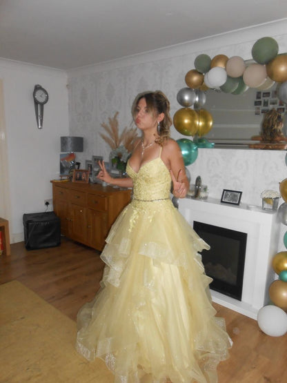Yellow A Line Spaghetti Strap Lace Appliques Layered Organza Long Prom Dress Formal Dress SH3856