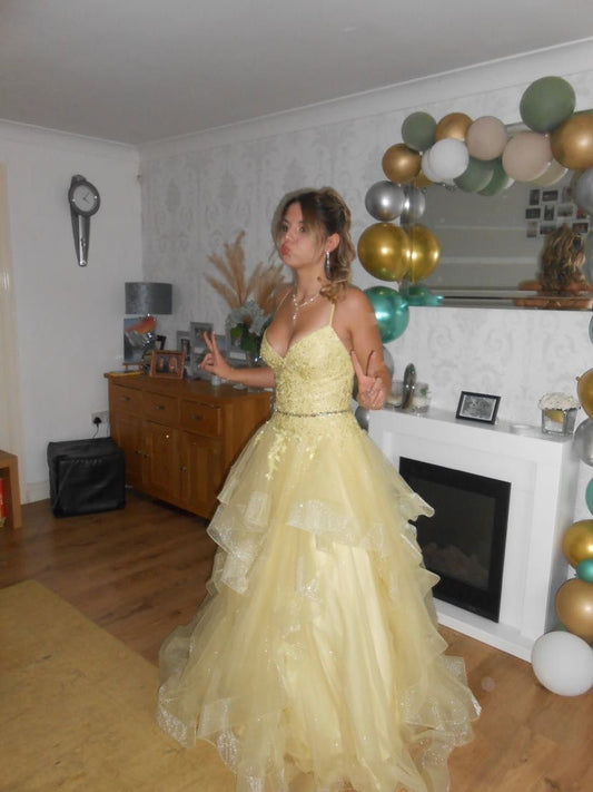 Yellow A Line Spaghetti Strap Lace Appliques Layered Organza Long Prom Dress Formal Dress SH3856