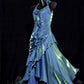 Vintage Mermaid Spaghetti Straps Ruffle Ice Blue Satin Long Length Prom Dress Evening Dress SH3096