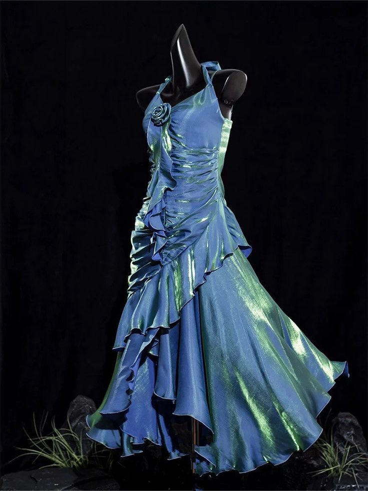 Vintage Mermaid Spaghetti Straps Ruffle Ice Blue Satin Long Length Prom Dress Evening Dress SH3096