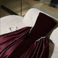 Classy A Line Strapless Pearl Dark Burgundy Velvet Satin Party Dress Wedding Guest Dress SH2923