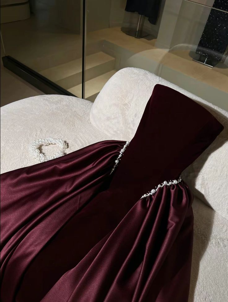 Classy A Line Strapless Pearl Dark Burgundy Velvet Satin Party Dress Wedding Guest Dress SH2923
