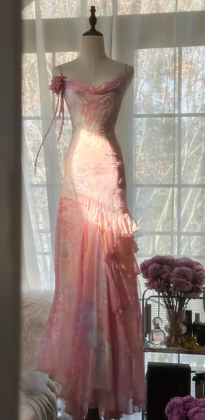 Fairytale Pink Mermaid Spaghetti Strap Beaded Ruffle Chiffon Prom Dress SH2664
