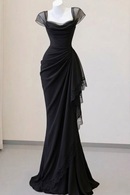 Elegant Black Mermaid Straps Pleated Chiffon Prom Dress Evening Dress SH5498