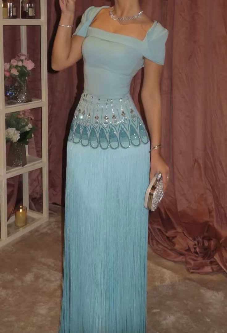 Elegant Lake Blue A Line Beaded Tassel Satin Prom Dress Evening Dress SH7257