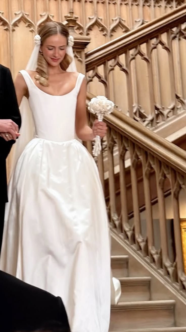 Classic A Line Strap White Satin Long Wedding Dress SH8457