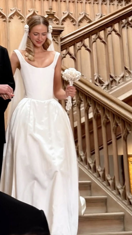 Classic A Line Strap White Satin Long Wedding Dress SH8457
