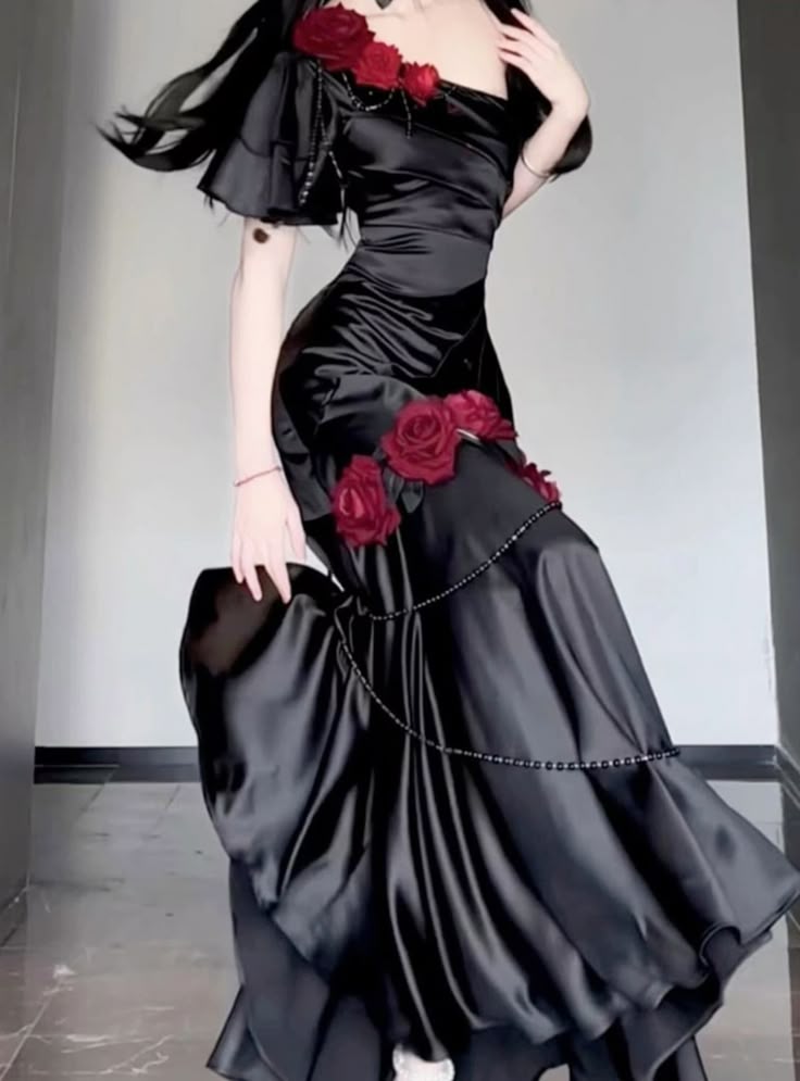 Burgundy Mermaid One Shoulder Beaded Rose Satin Long Prom Dress Party Dress SH5022