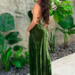 Sexy Emerald Sheath Spaghetti Straps Velvet Backless Prom Dress Evening Dress with Slit SH6364