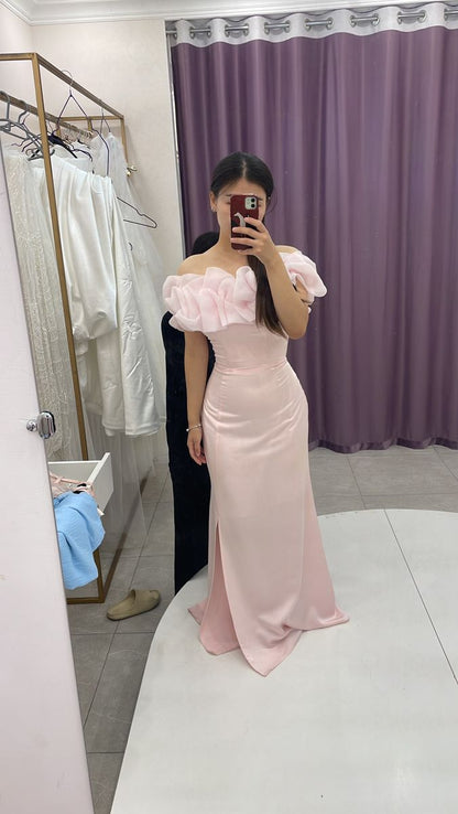 Gentle Pink Mermaid Off the Shoulder Organza Satin Prom Dress Party Dress with Slit SH3680
